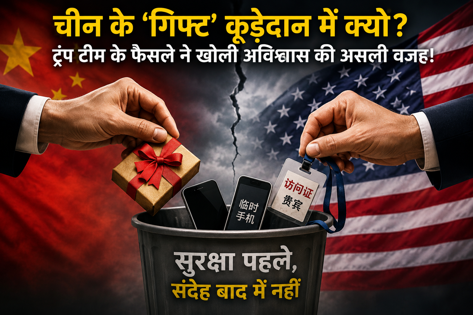 Symbolic image showing the United States and China divided by a digital wall, with gifts and documents being thrown into a trash bin representing security concerns and the ongoing digital conflict.