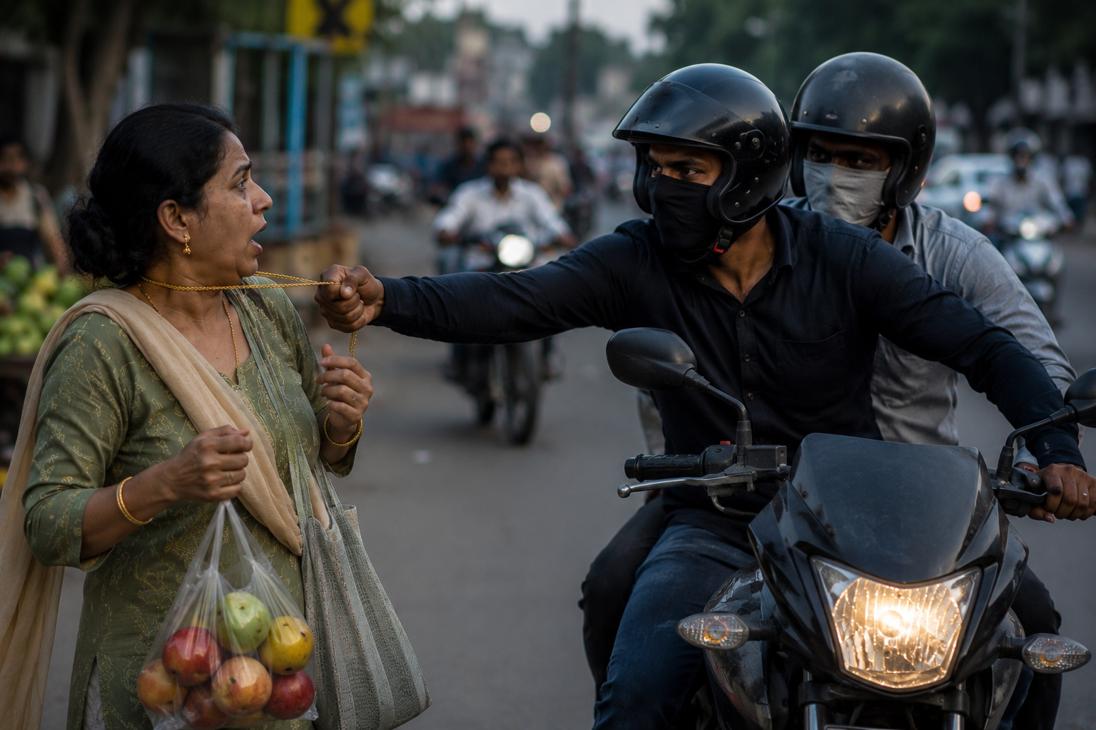 Bike-borne snatchers rob a woman of her gold chain in Agra during a street incident
