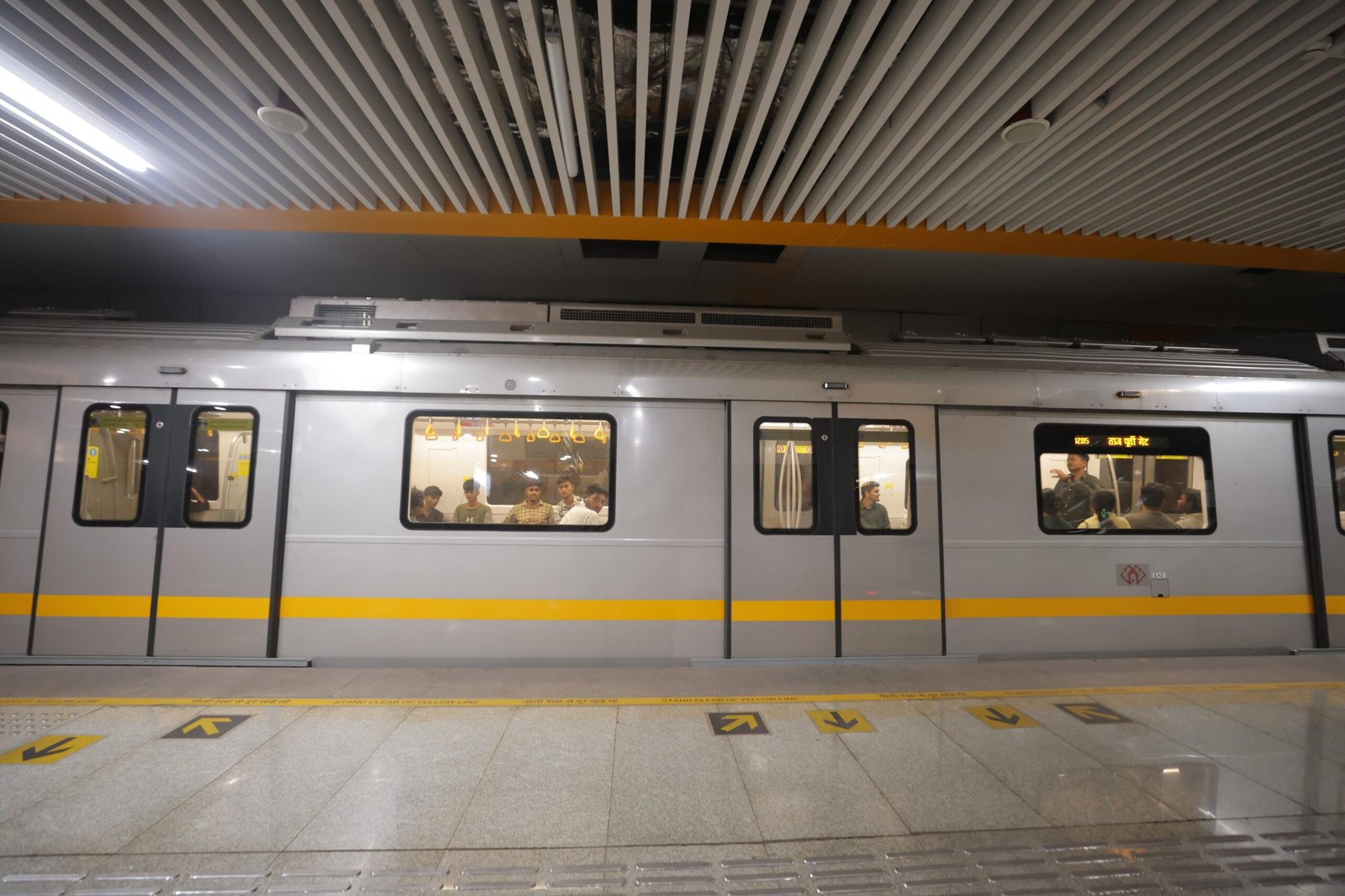 Passengers traveling inside Agra Metro with air-conditioned facilities during extreme summer heat and heat wave conditions in Agra, Uttar Pradesh.