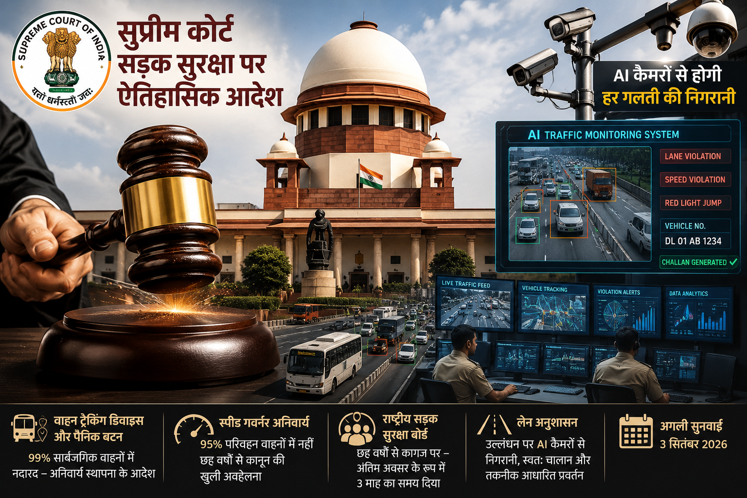 Supreme Court building with judge gavel and AI traffic monitoring cameras for road safety enforcement in India