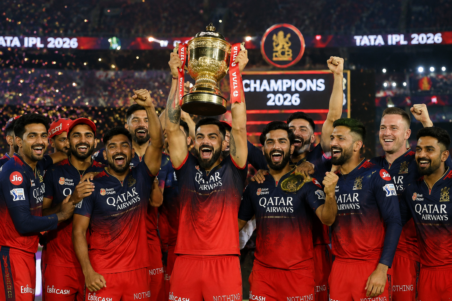Royal Challengers Bengaluru players celebrate after winning the IPL 2026 championship trophy at Narendra Modi Stadium in Ahmedabad.