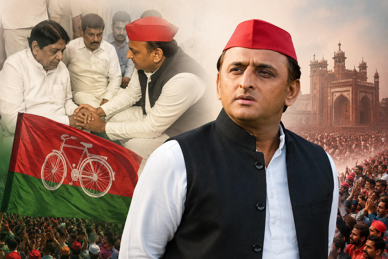 Akhilesh Yadav during his Agra visit meeting the family of Rajya Sabha MP Ramjilal Suman, surrounded by Samajwadi Party supporters in an emotional political editorial-style scene.