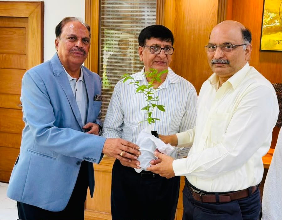 Environmentalist K.C. Jain and industrialist Puran Dawar presenting a rare Ankol sapling to Agra Divisional Commissioner Nagendra Pratap during a meeting on environmental conservation and sustainable development ahead of World Environment Day in Agra.