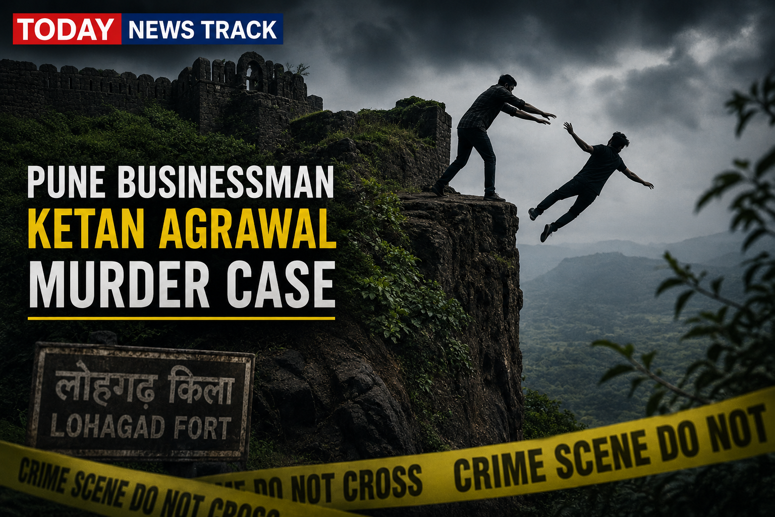 Symbolic image of the Pune businessman Ketan Agrawal murder case showing a cliff at Lohagad Fort, crime scene tape, and a dramatic representation of the alleged incident.