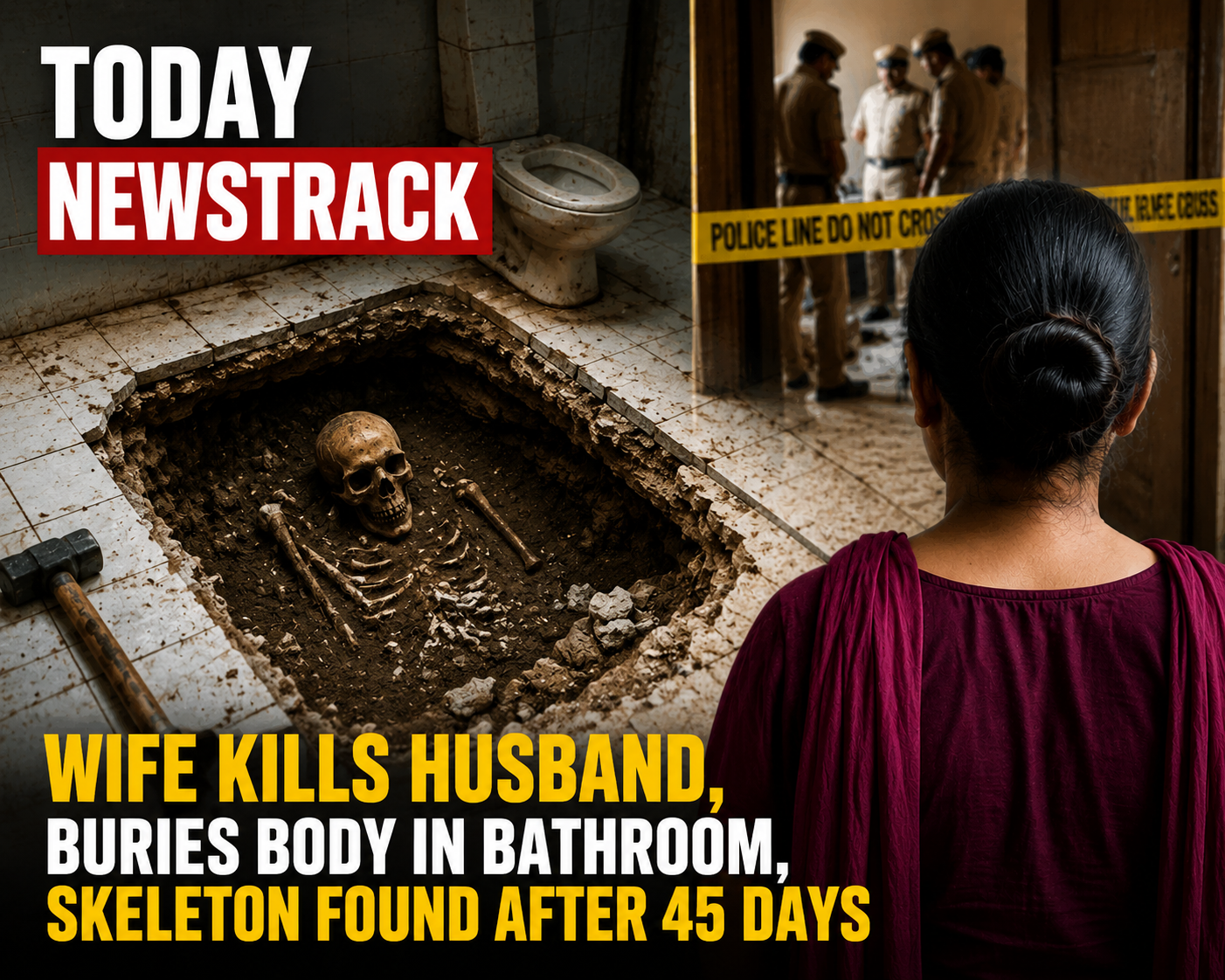 Symbolic image of Agra murder case where a wife allegedly killed her husband, buried the body under the bathroom floor, and the skeleton was recovered after 45 days.
