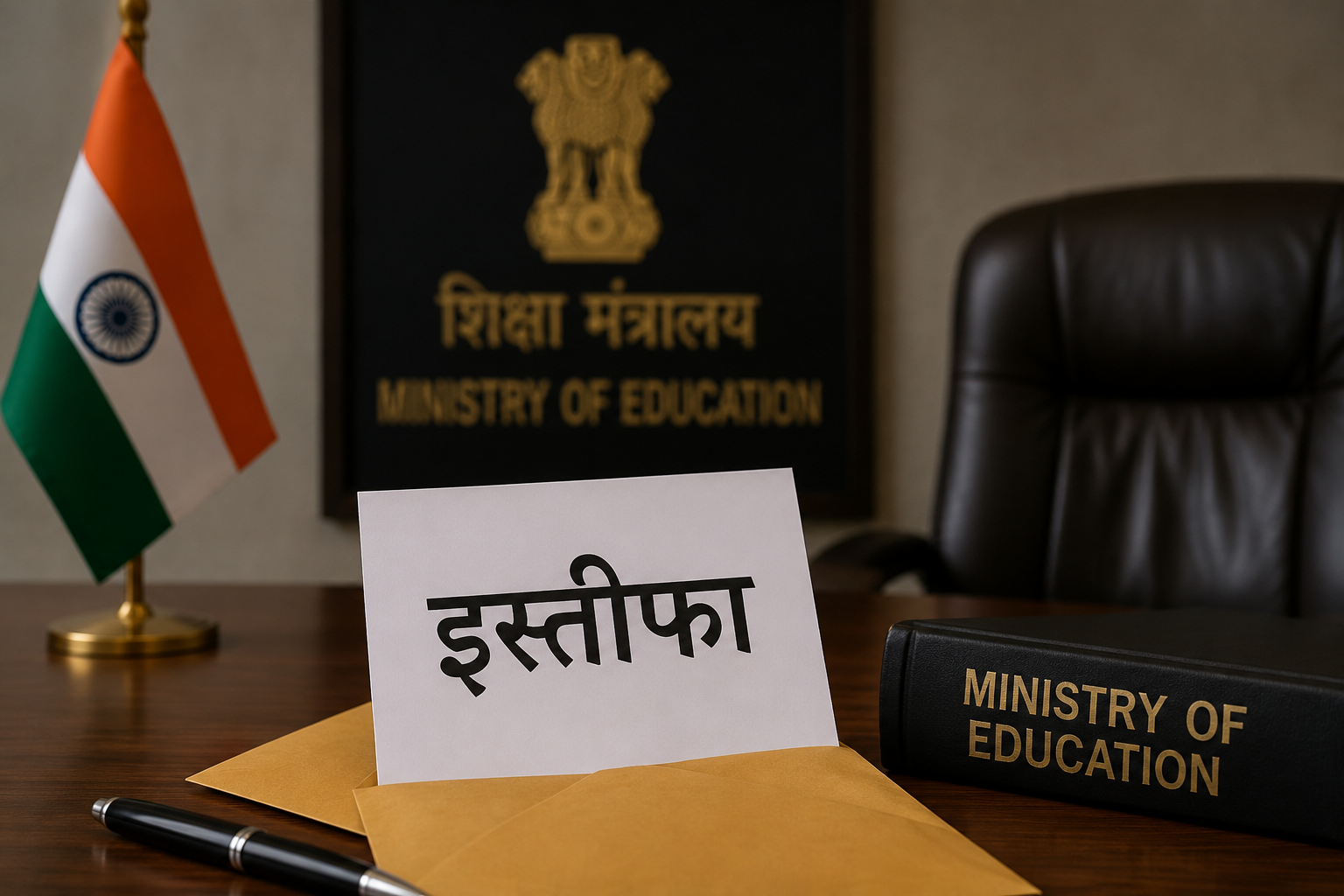 Symbolic image showing a resignation letter on an office desk with the Ministry of Education backdrop, Indian flag, and official files representing the resignation of India's Education Minister.