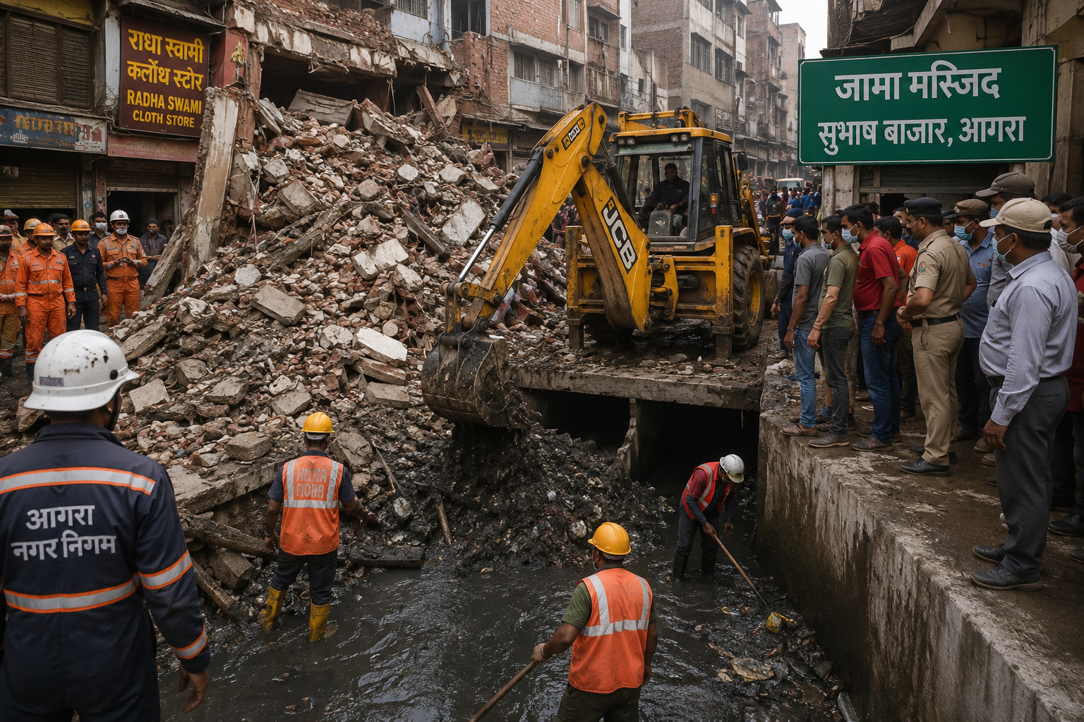 Rescue teams and excavators remove debris from a drain near Agra Fort during the search for a missing woman after the Subhash Bazar building collapse.