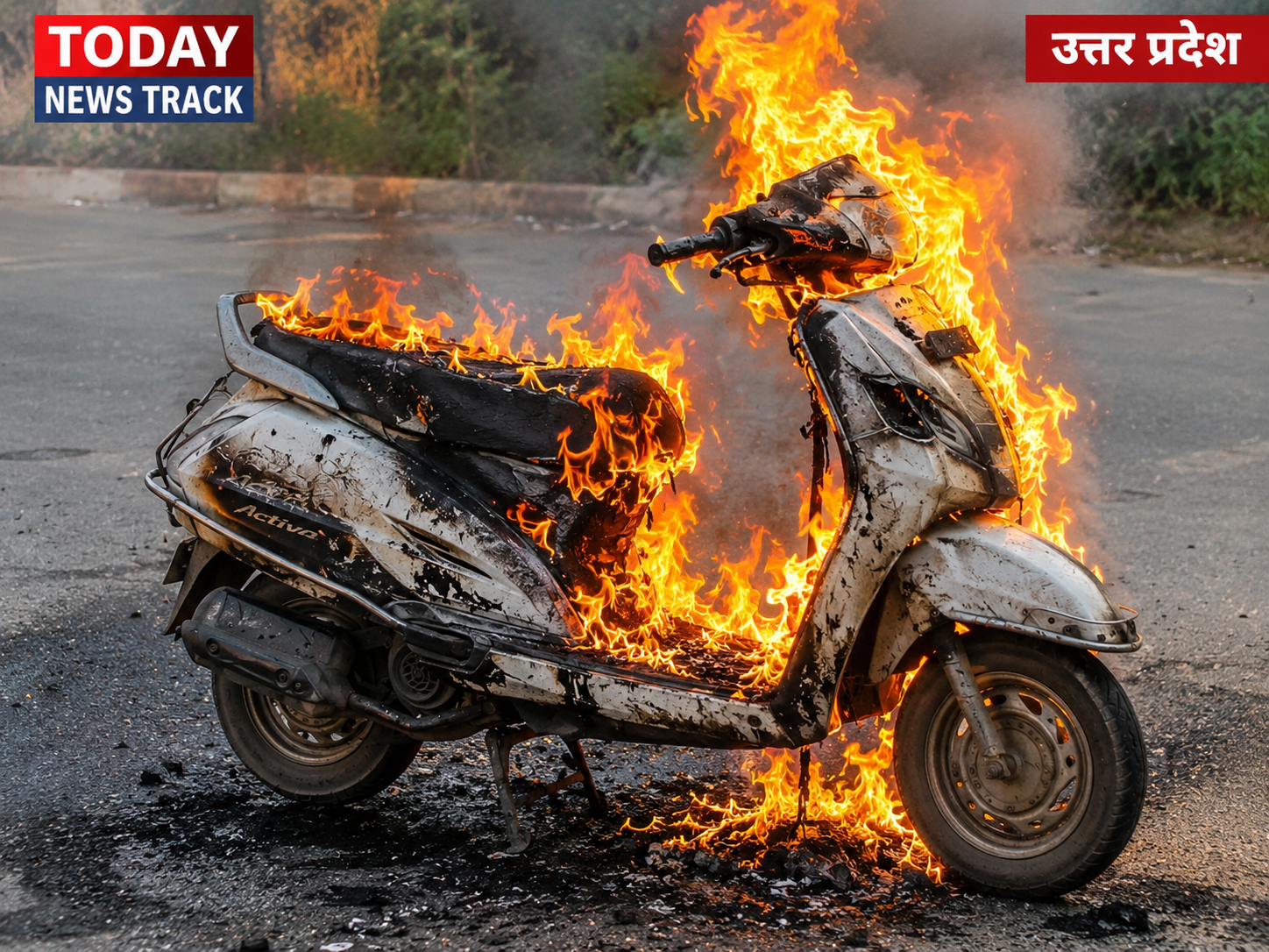 A Honda Activa scooter engulfed in flames on a roadside in Etmadpur, Agra, after catching fire while in motion. (Illustrative image)