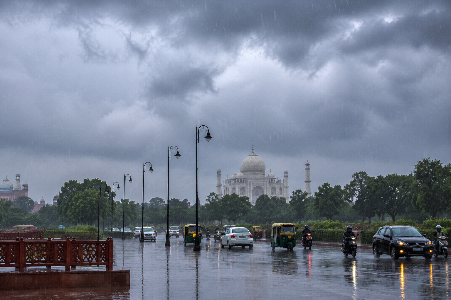 Dark monsoon clouds and light rainfall over Agra as the city receives rain, bringing relief from humid weather.