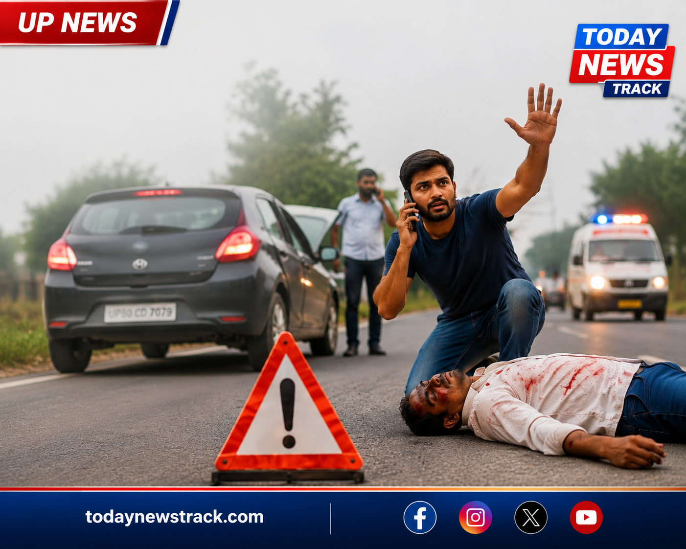 A symbolic road accident awareness image showing a bystander helping an injured victim on a highway under the Rahveer Yojana, highlighting emergency assistance and road safety awareness in Agra, Uttar Pradesh.